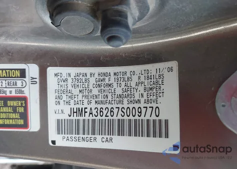 2007 Honda Civic Hybrid z USA, uszkodzony, nr VIN JHMFA36267S009770